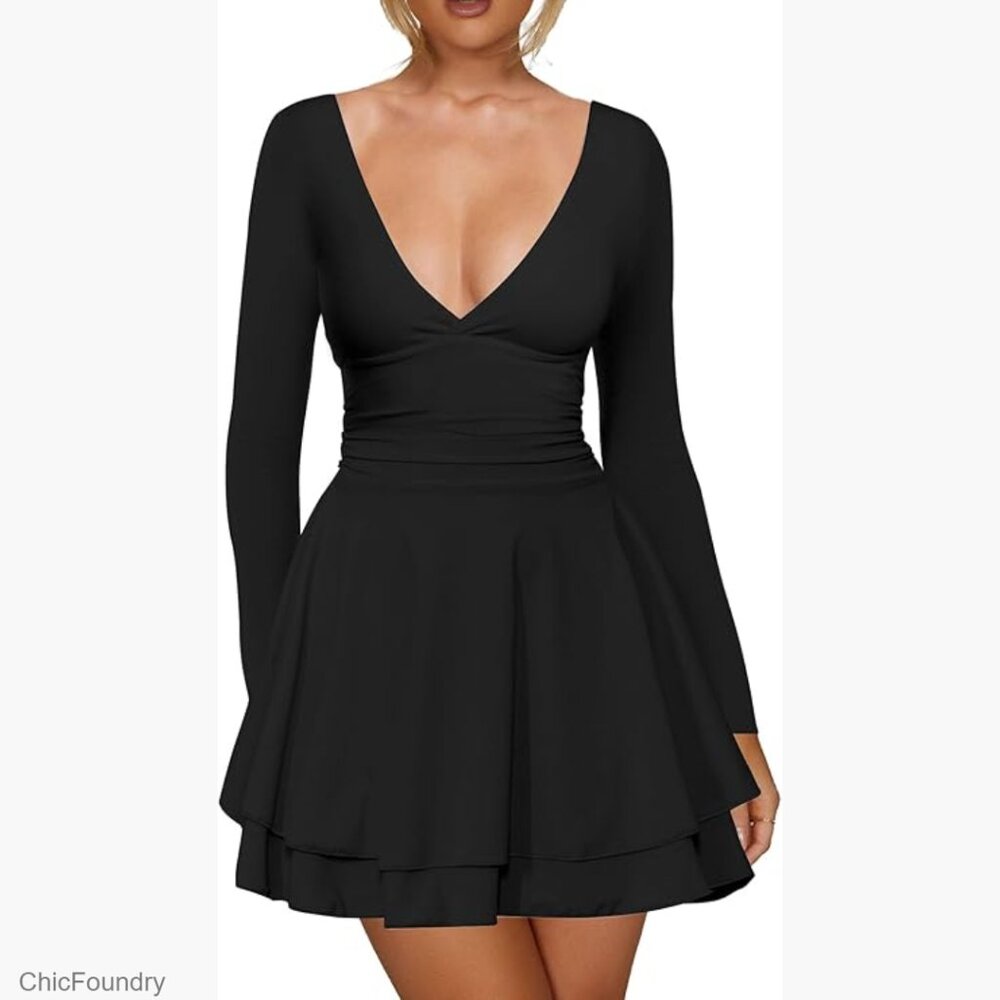 Long Sleeve V Neck Mini Dress Ruched A Line Cocktail Party